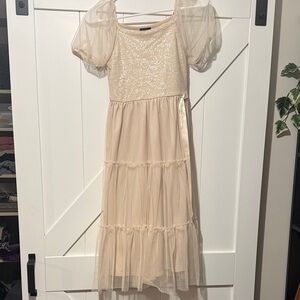 Lilt Beige Sequin Kids Dress with Sheer Sleeves